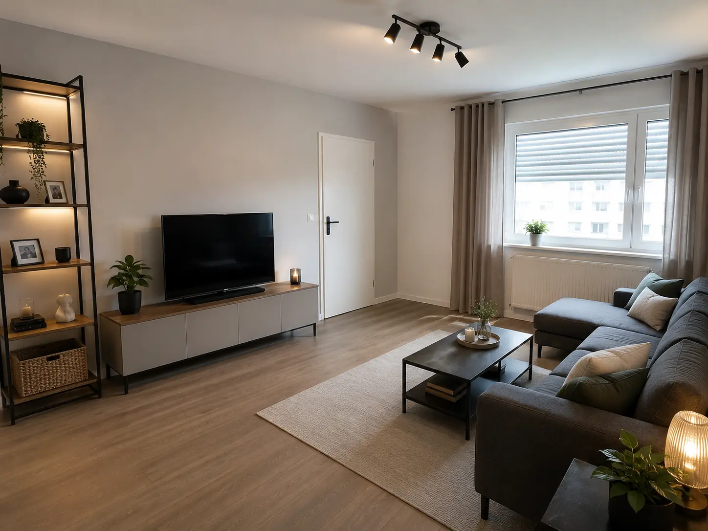 Fertig renoviertes Wohnzimmer mit modernem Bodenbelag und eingerichtetem Wohnbereich in Schwäbisch Hall
