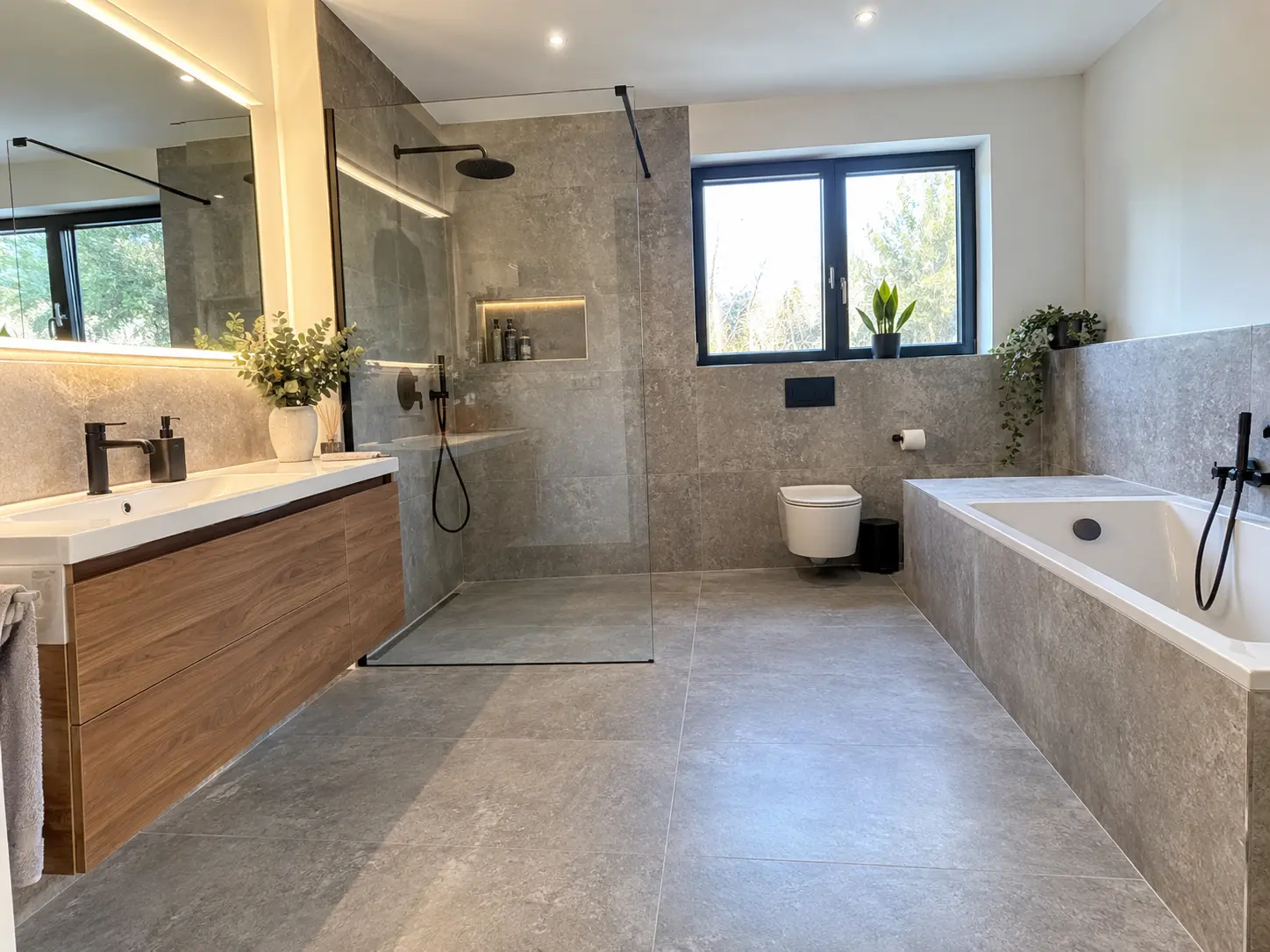 Bad mit bodengleicher Dusche, Holzwaschtisch, wandhängendem WC und gefliester Badewanne
